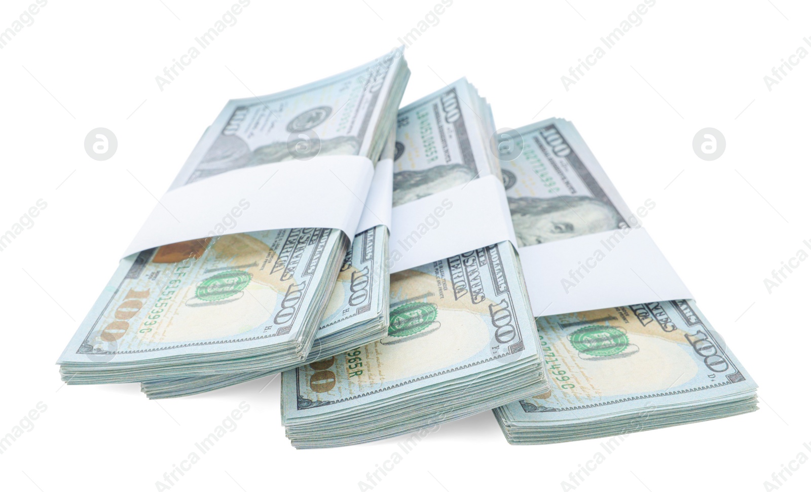 Photo of Bundles of dollar banknotes isolated on white. American national currency