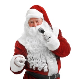 Photo of Santa Claus singing on white background. Christmas music