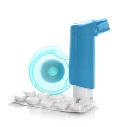 Photo of Composition with asthma inhaler on white background