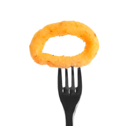 Photo of Fork with delicious onion ring isolated on white