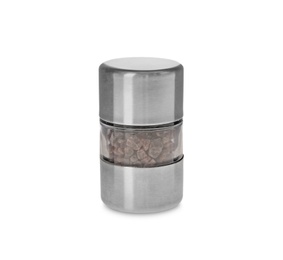 Photo of Black salt in grinder isolated on white