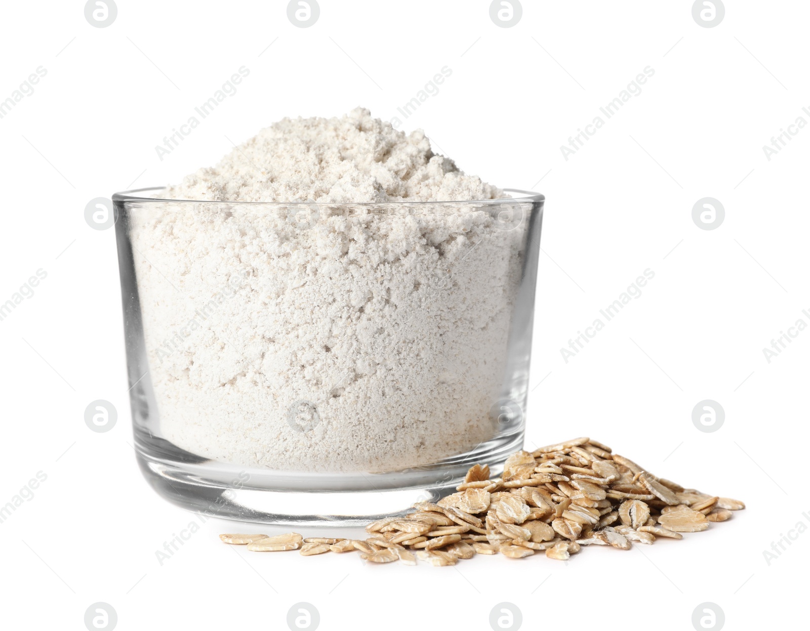 Photo of Bowl of flour and oatmeal isolated on white