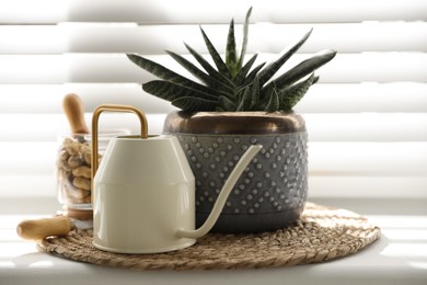 Photo of Beautiful potted plant and watering can on windowsill. Floral house decor