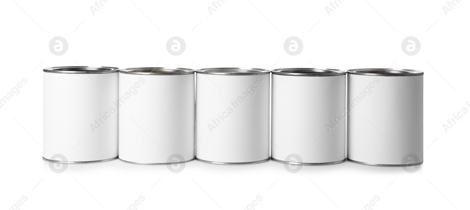 Photo of Row of blank paint cans on white background. Space for design