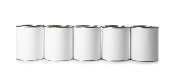 Row of blank paint cans on white background. Space for design