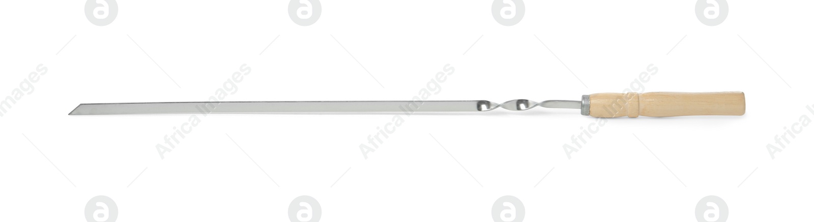 Photo of Metal skewer with wooden handle isolated on white