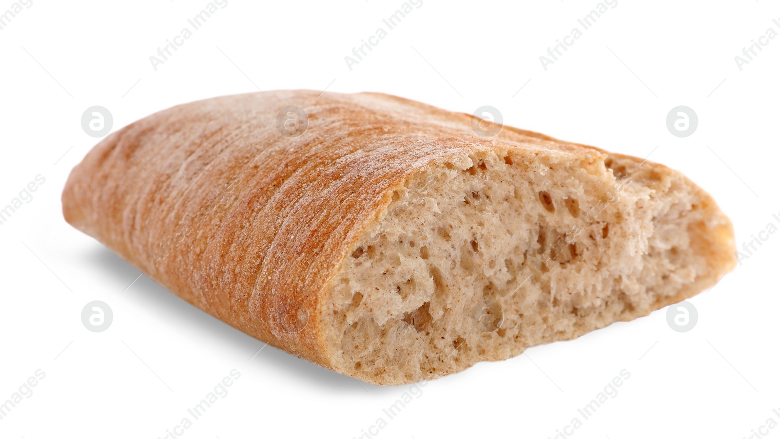 Photo of Cut ciabatta on white background. Fresh bread