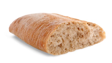 Photo of Cut ciabatta on white background. Fresh bread