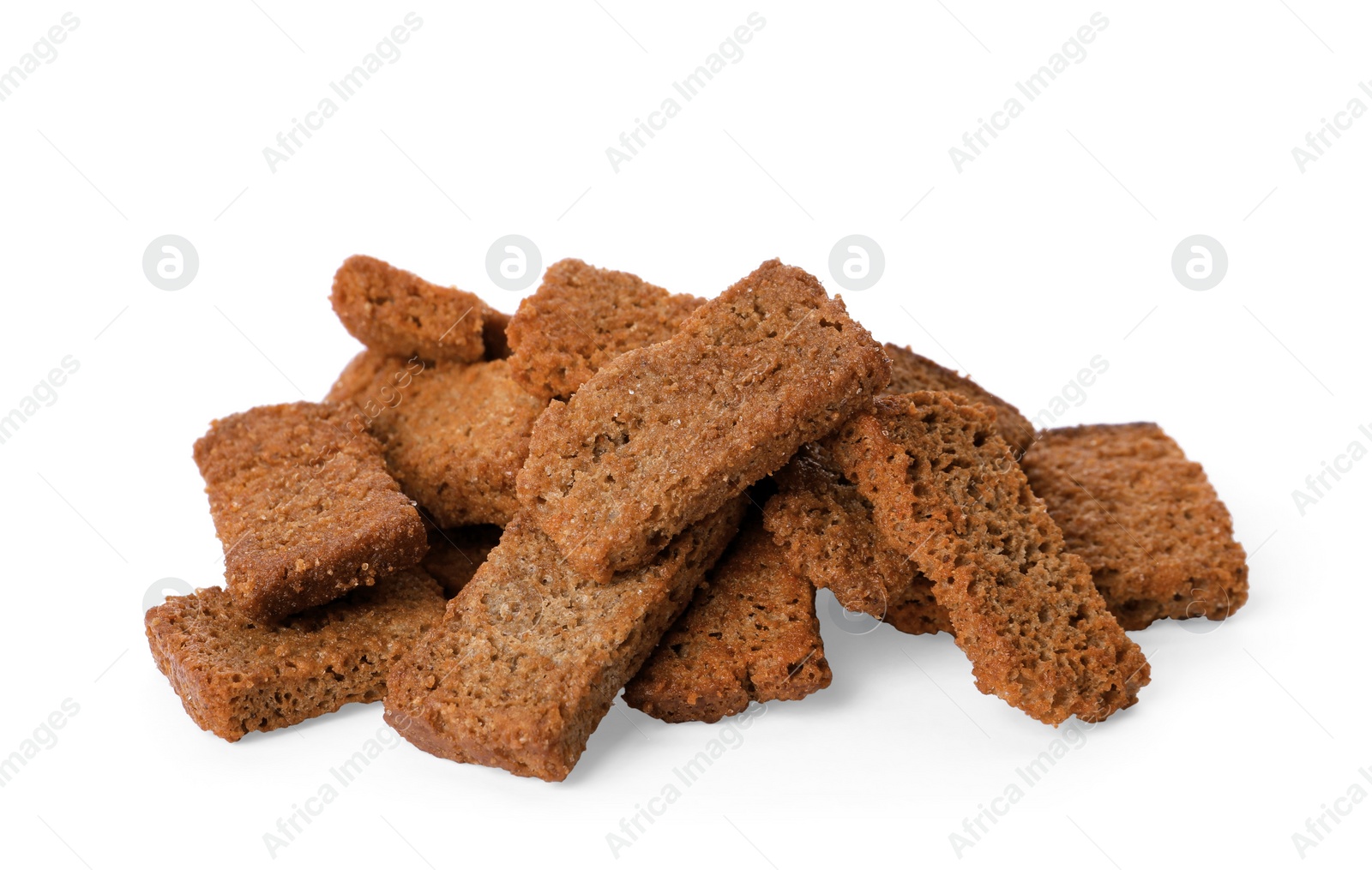 Photo of Heap of crispy rusks with seasoning on white background