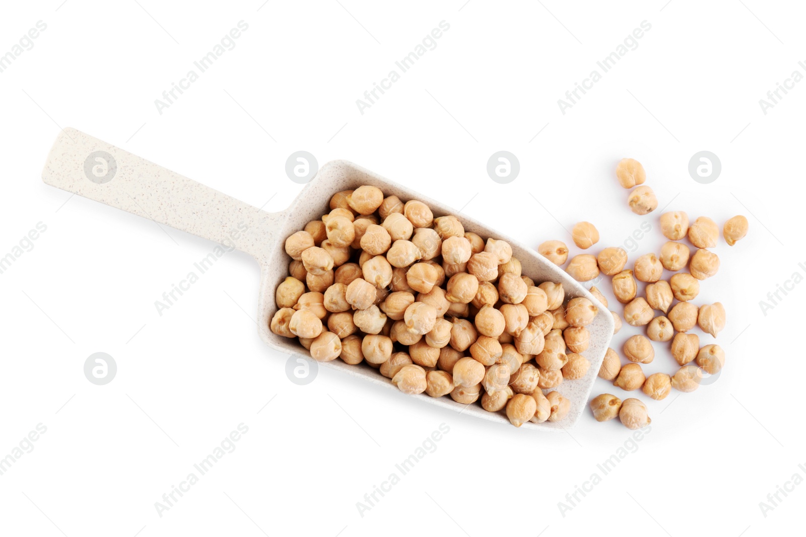 Photo of Scoop with chickpeas on white background, top view. Natural food