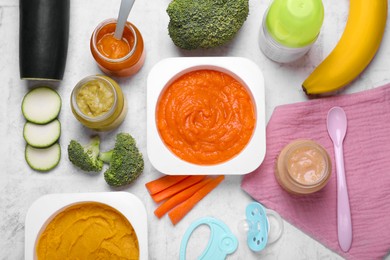 Photo of Flat lay composition with healthy baby food on white textured table