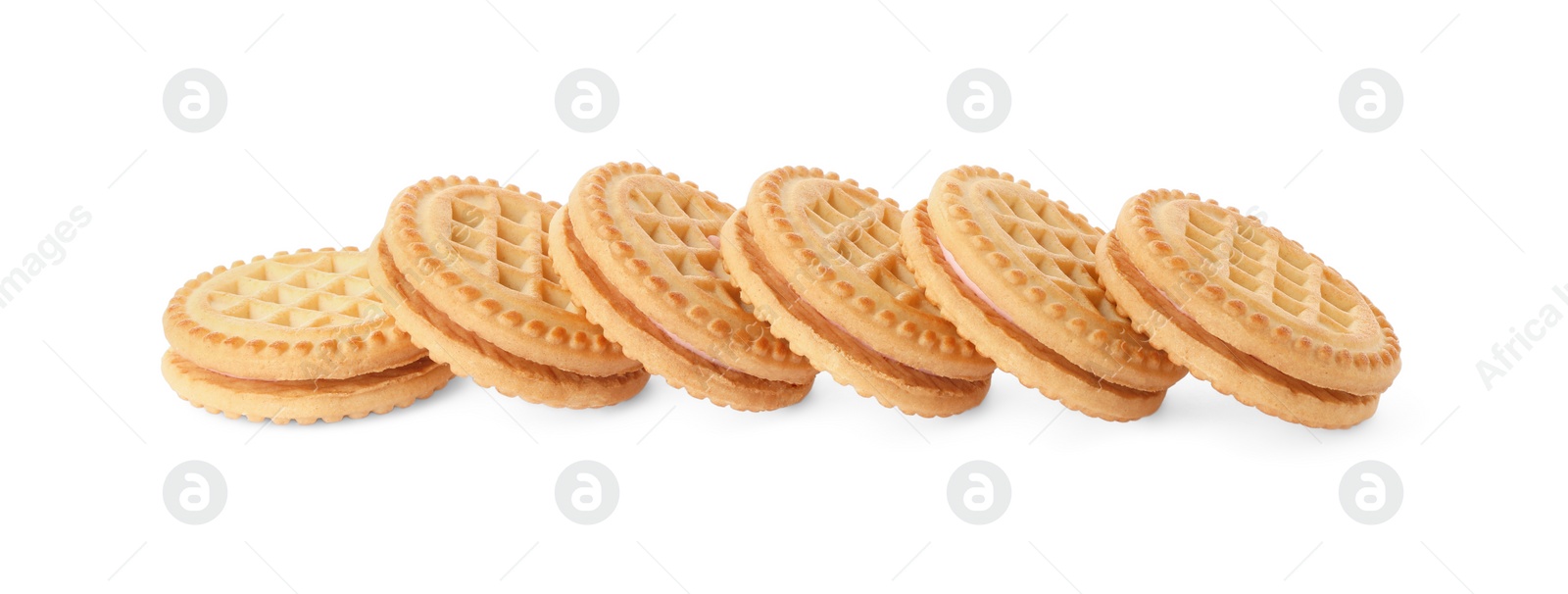 Photo of Many tasty sandwich cookies with cream isolated on white