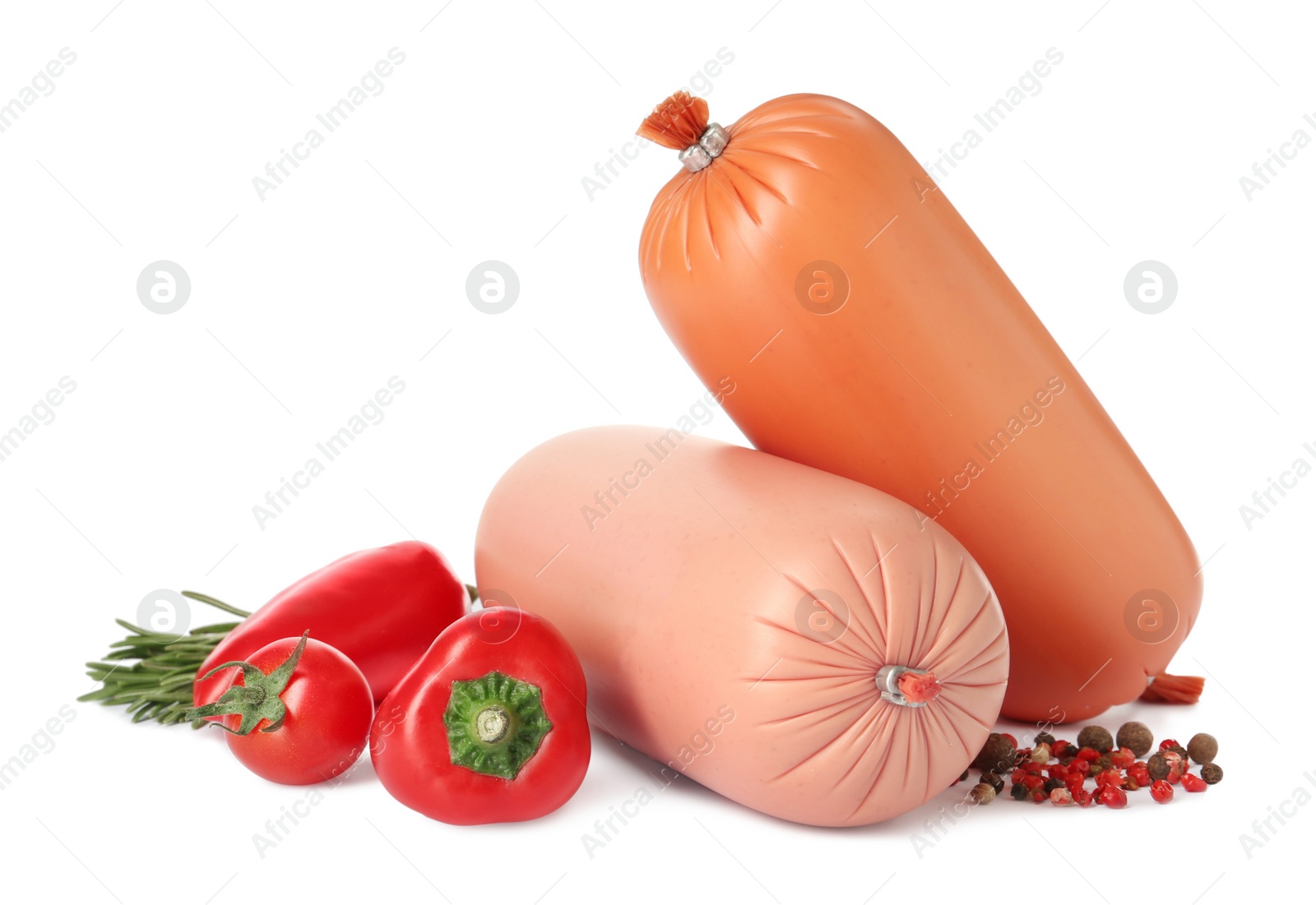 Photo of Tasty boiled sausages with vegetables, rosemary and peppercorns on white background