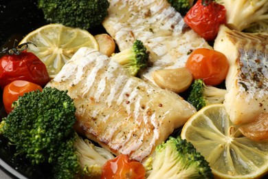 Photo of Tasty cod cooked with vegetables as background, closeup