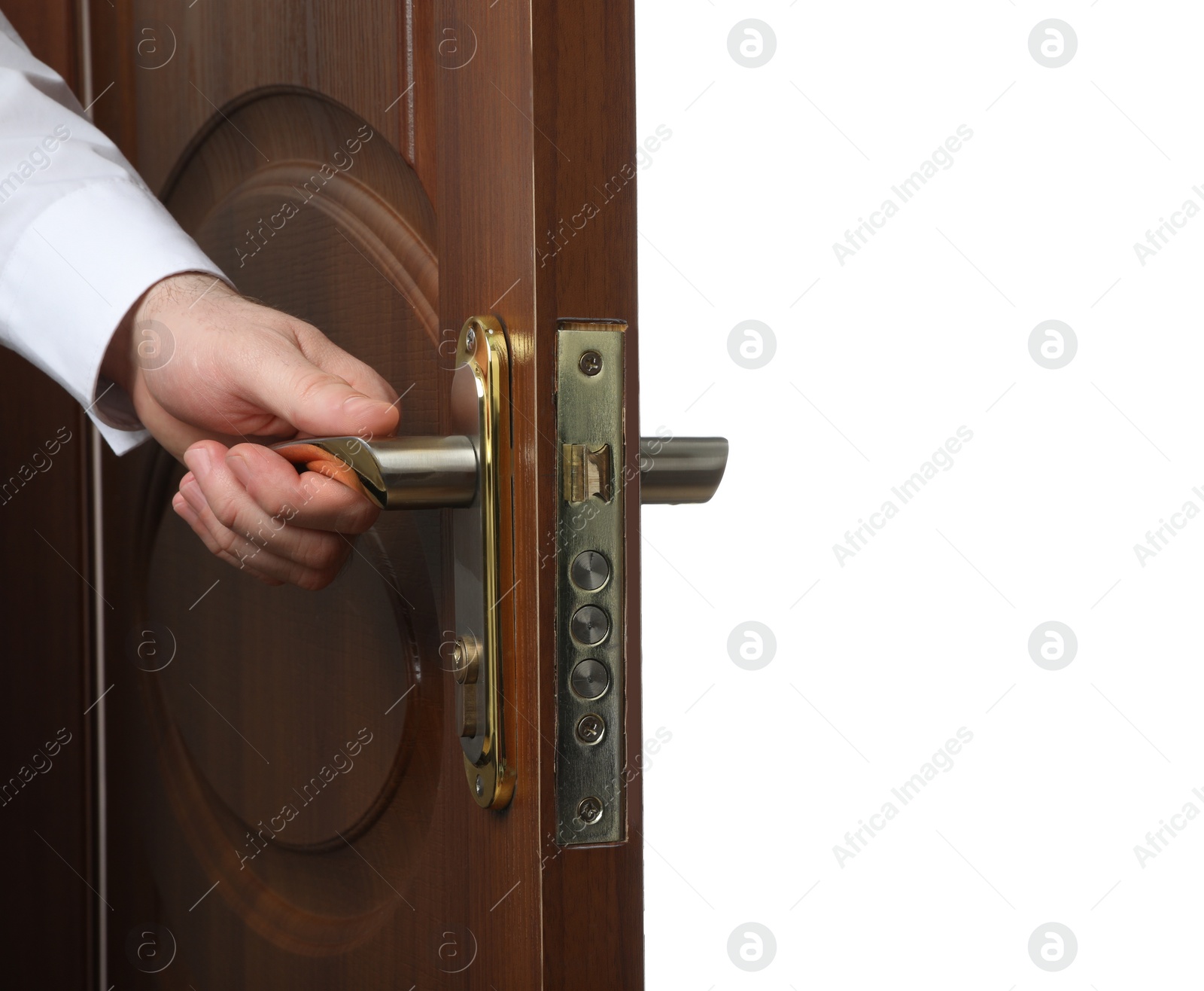 Photo of Man opening wooden door on white background, closeup