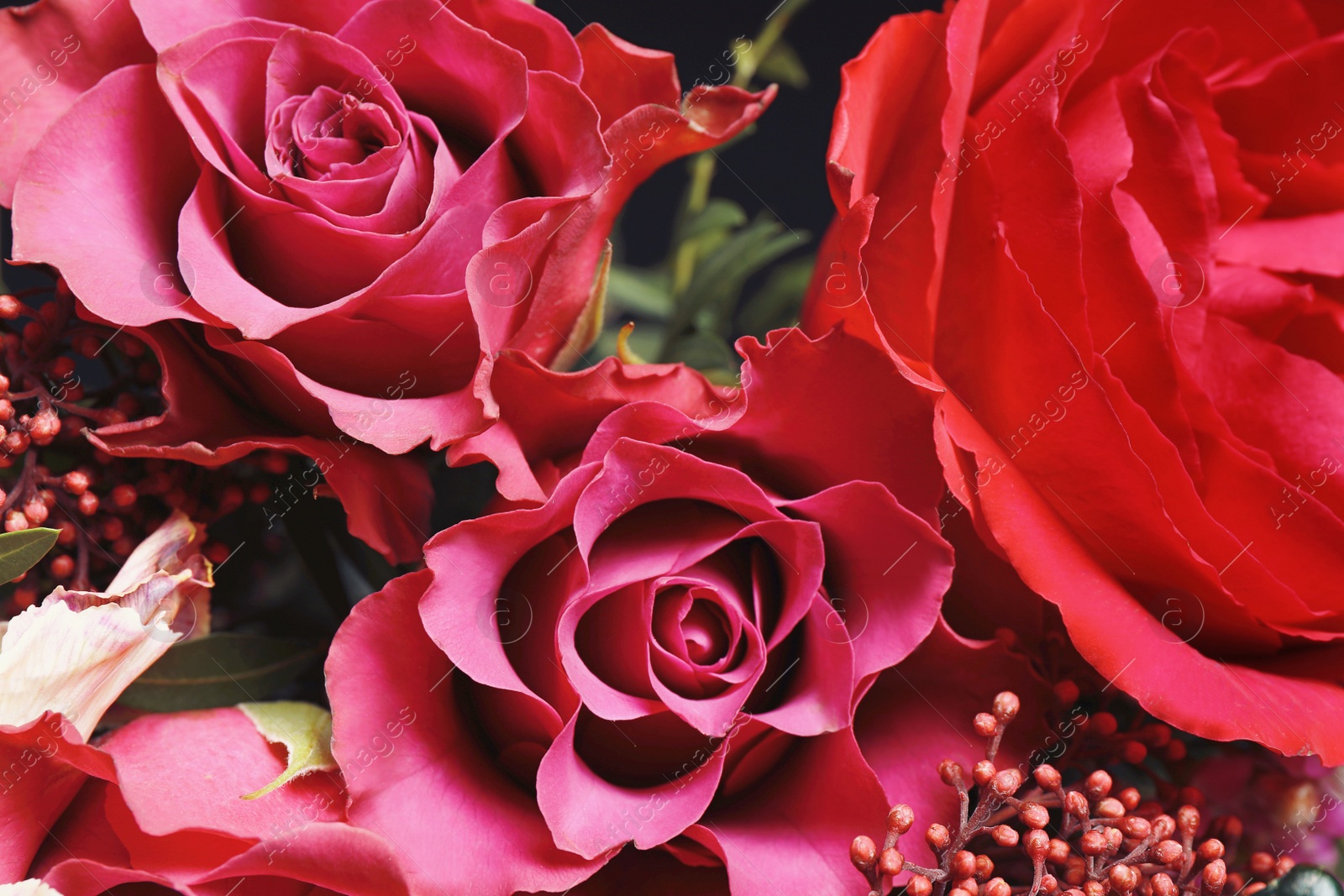 Photo of Beautiful fresh bouquet as background, top view. Floral decor