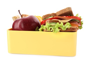 Lunch box with healthy food for schoolchild isolated on white