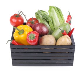 Crate with fresh ripe vegetables on white background