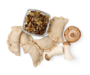 Raw dumplings (varenyky) and mushrooms isolated on white, top view