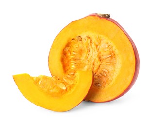 Slices of ripe pumpkin on white background