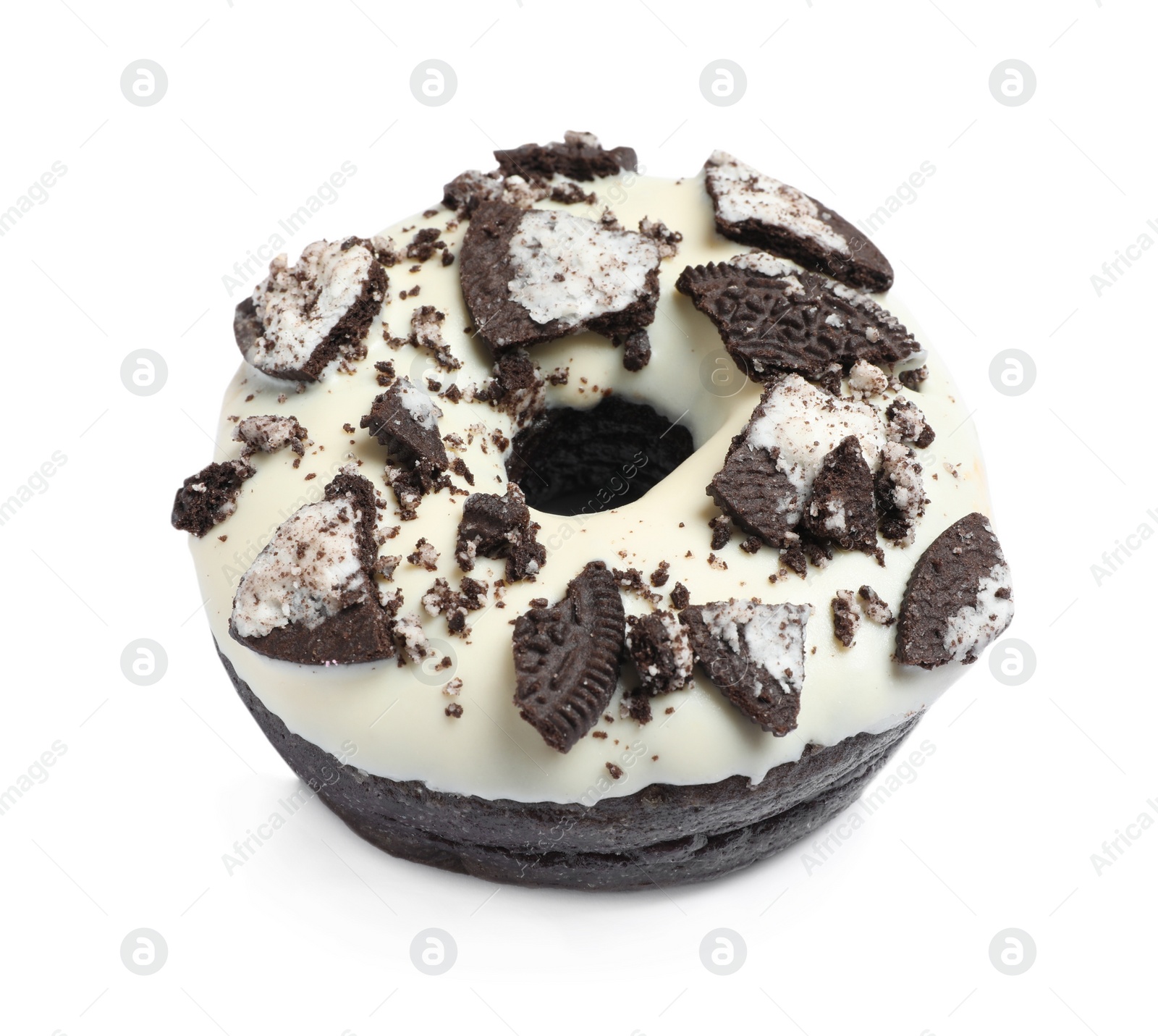 Photo of Sweet delicious oreo donut on white background