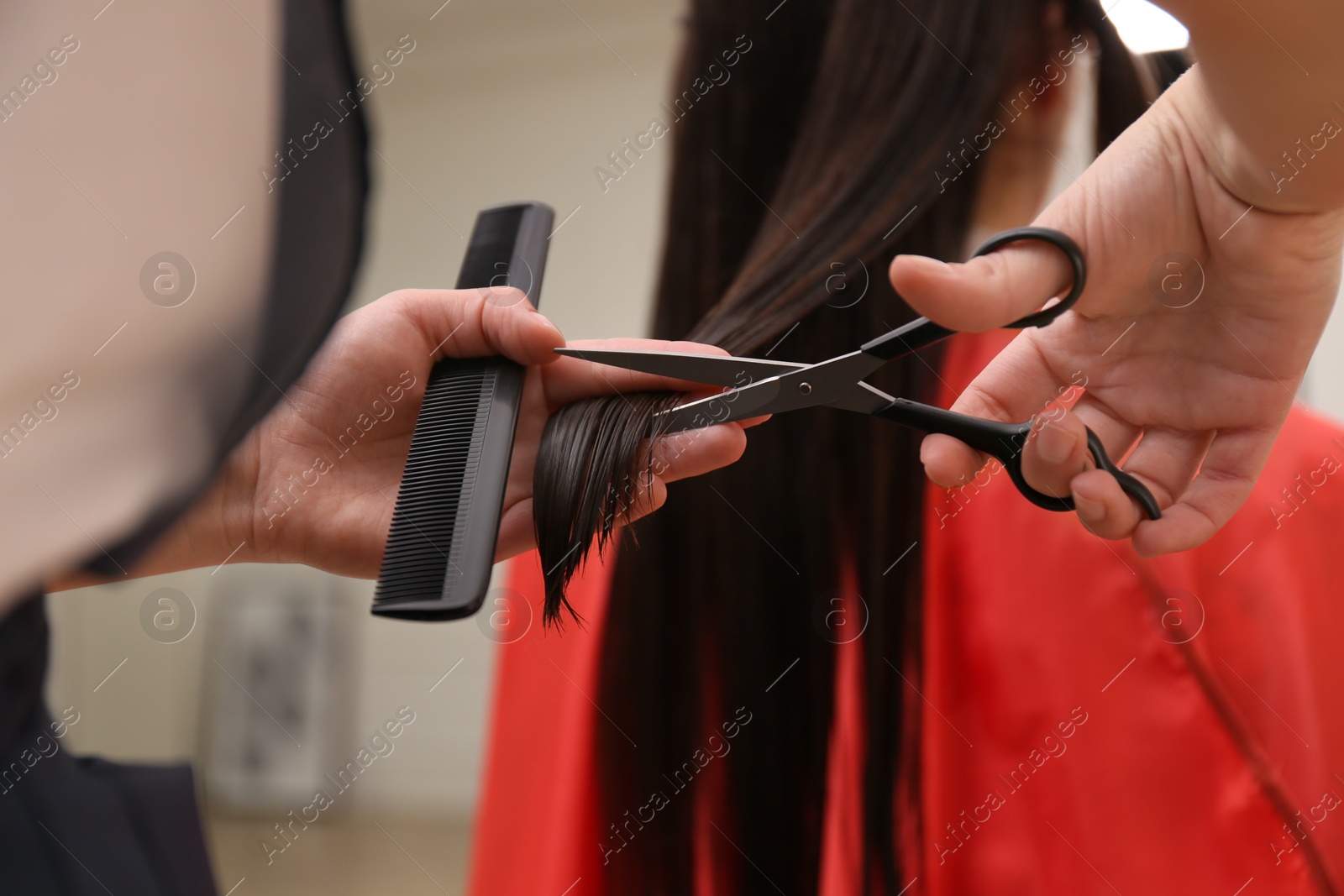 Photo of Stylist cutting hair of client in professional salon, closeup