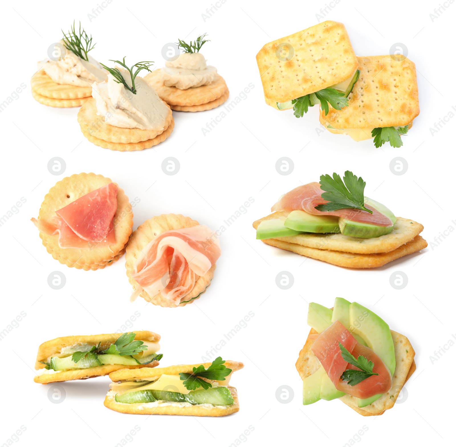 Image of Delicious crackers with different toppings isolated on white, set