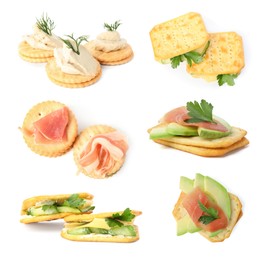 Image of Delicious crackers with different toppings isolated on white, set