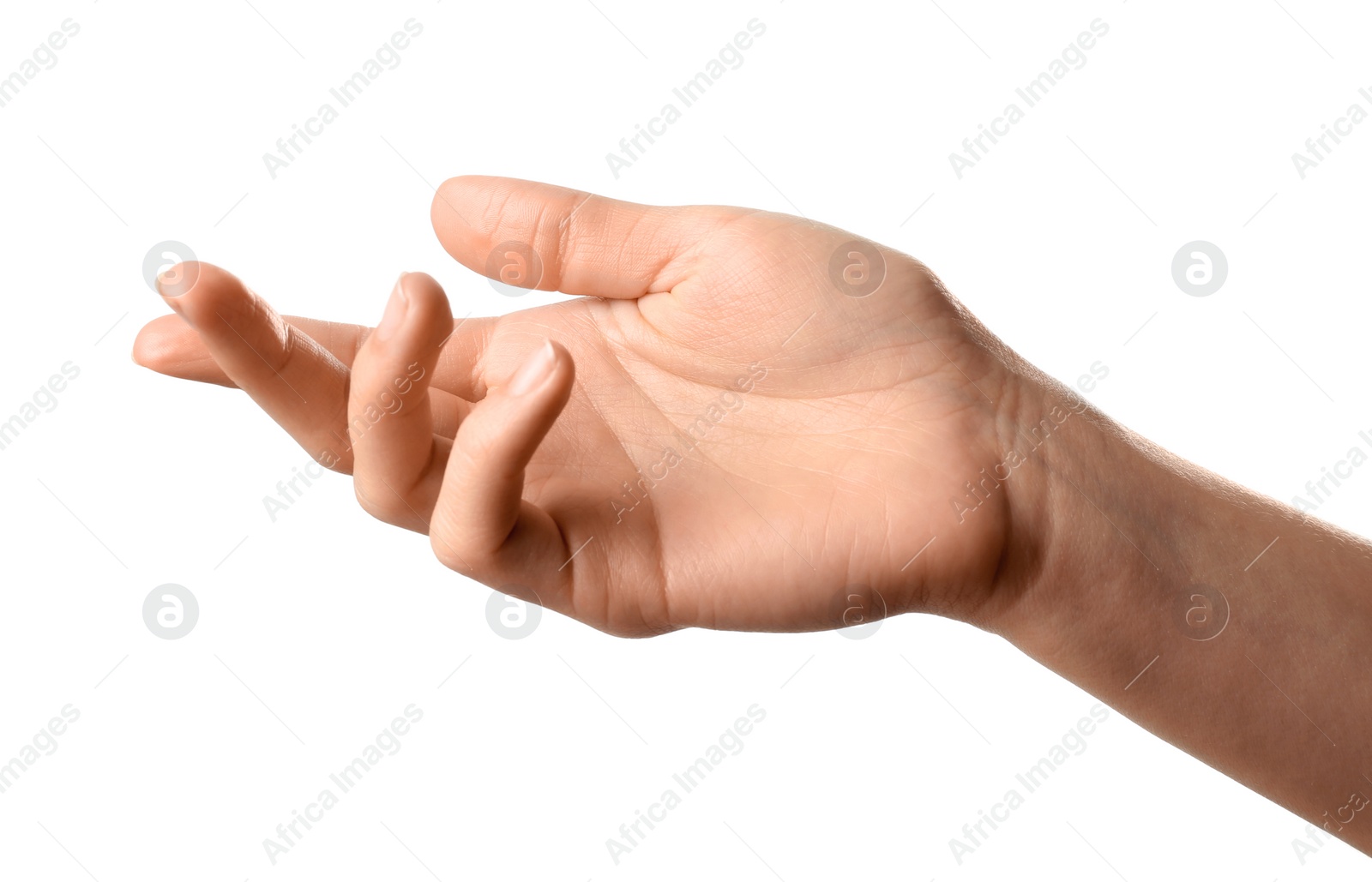 Photo of Woman holding hand on white background, closeup