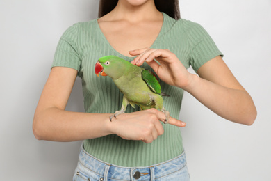 Photo of Young woman with Alexandrine parakeet on light background, closeup. Cute pet