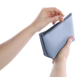 Woman with cosmetic bag isolated on white, closeup