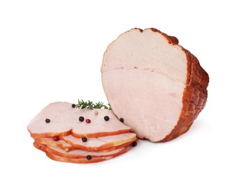 Photo of Delicious sliced ham with thyme and peppercorns isolated on white