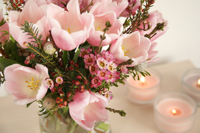 Photo of Beautiful bouquet with spring pink tulips, closeup