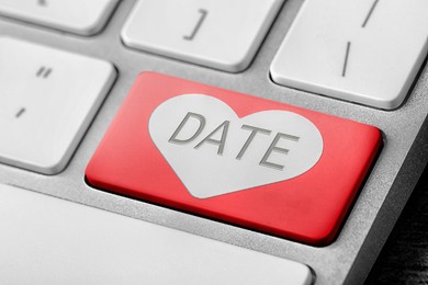 Image of Online dating. Red button with word Date on computer keyboard, closeup