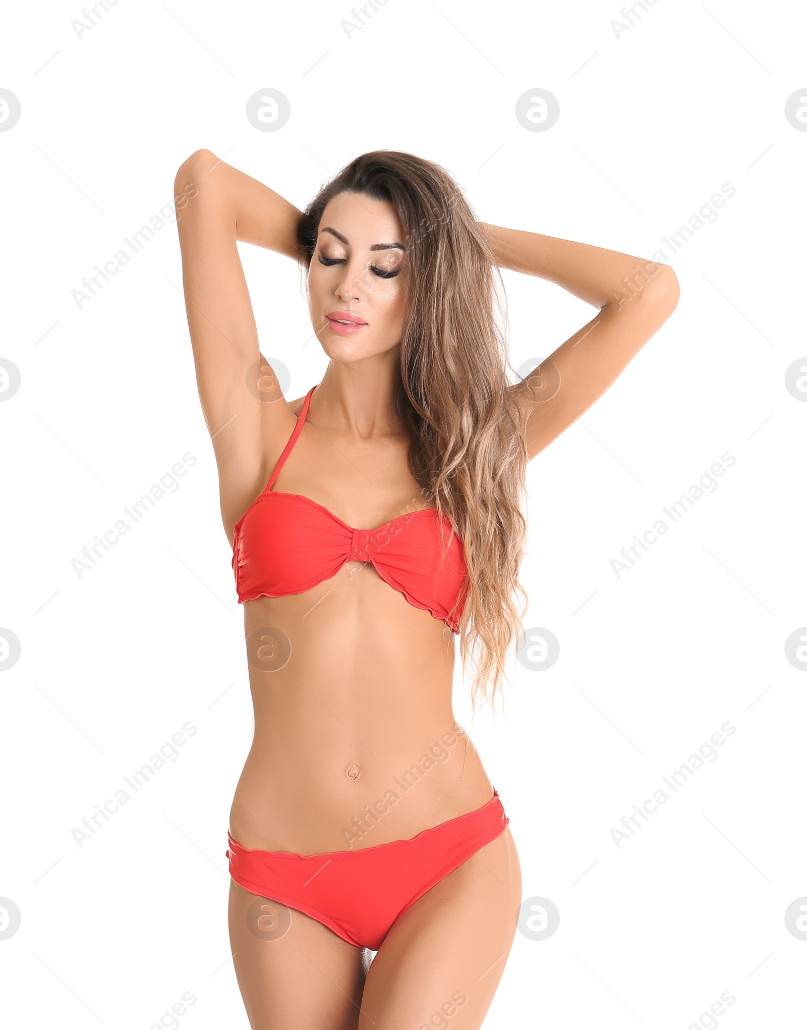 Photo of Pretty sexy woman with beautiful slim body in stylish bikini on white background