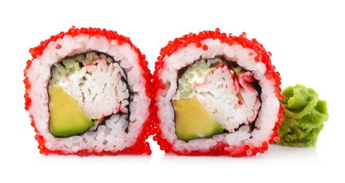 Photo of Delicious fresh sushi rolls with tobiko caviar on white background