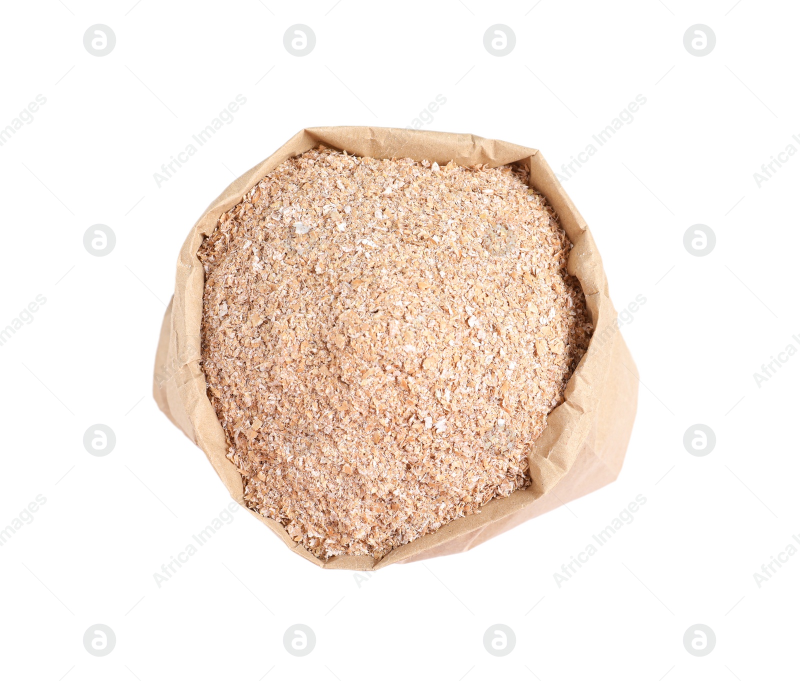 Photo of Wheat bran in bag on white background, top view