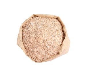 Photo of Wheat bran in bag on white background, top view