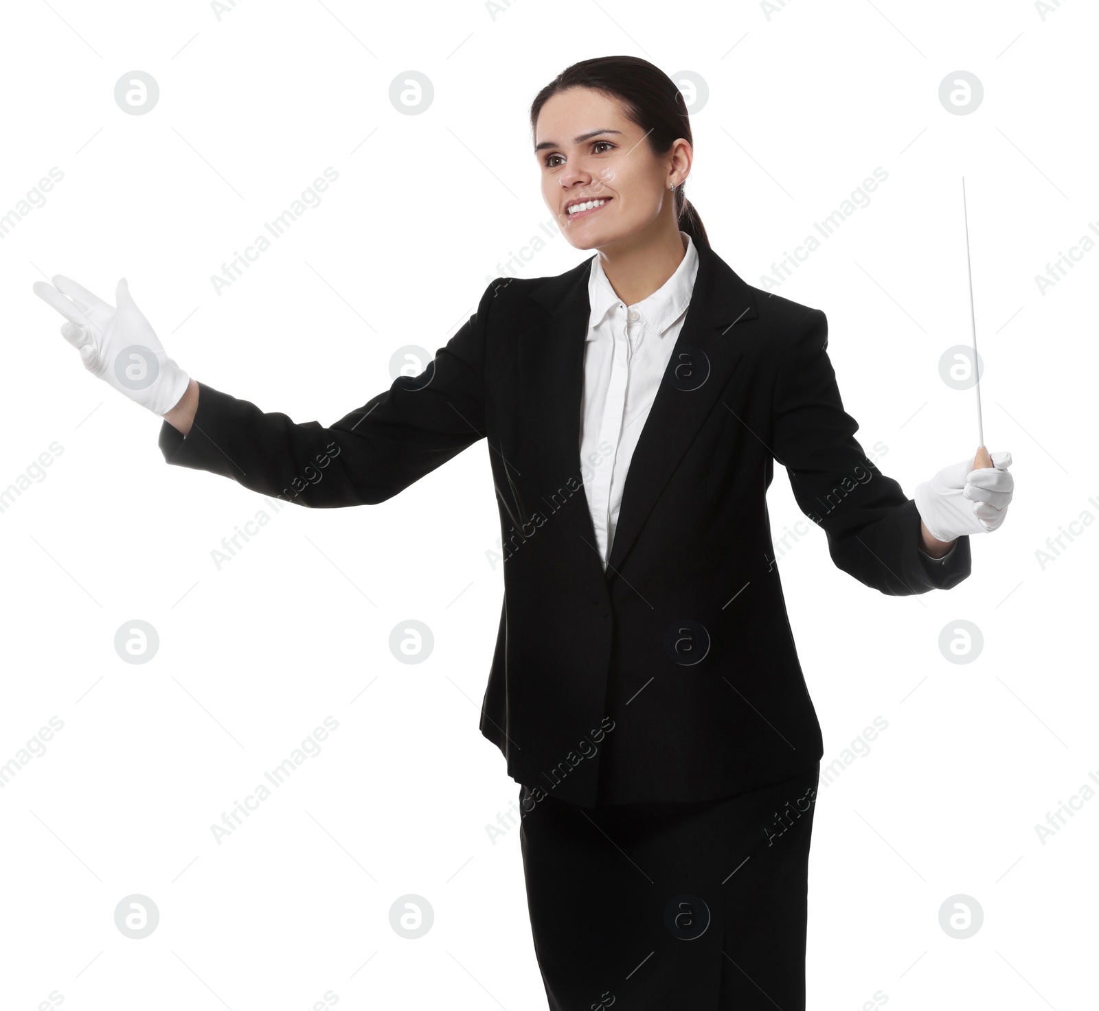 Photo of Happy young conductor with baton on white background