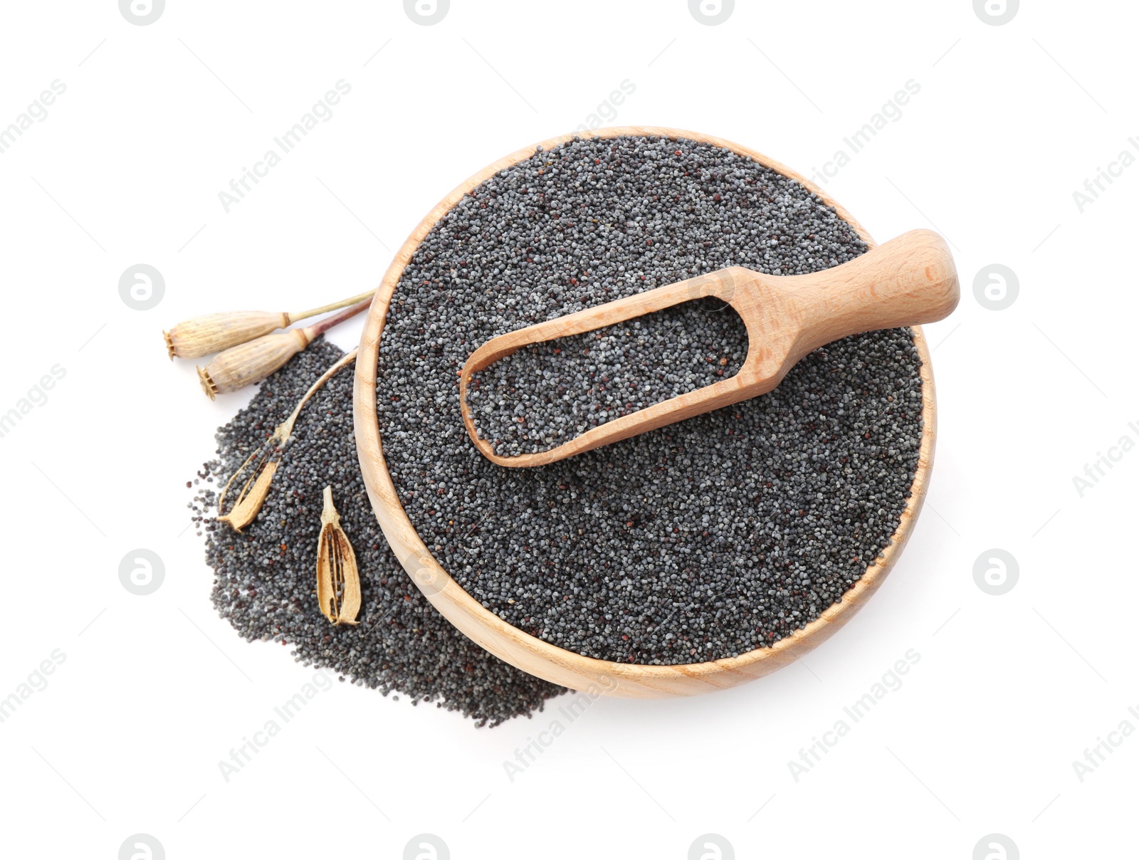 Photo of Bowl and scoop with poppy seeds on white background, top view