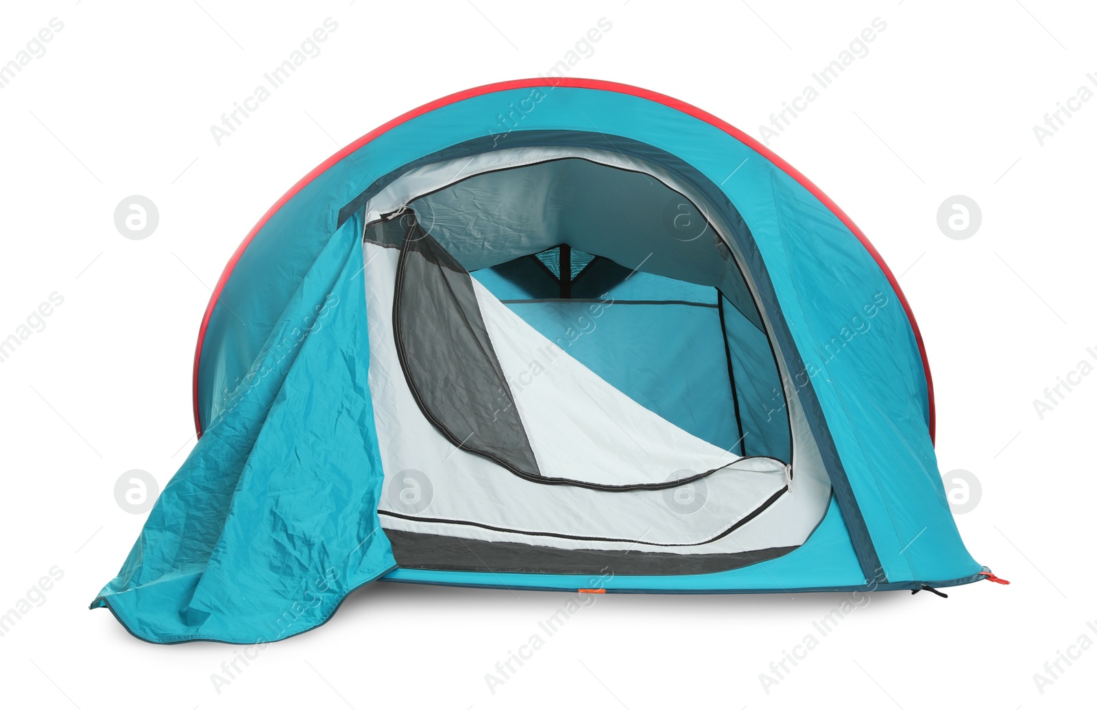 Photo of Light blue camping tent on white background