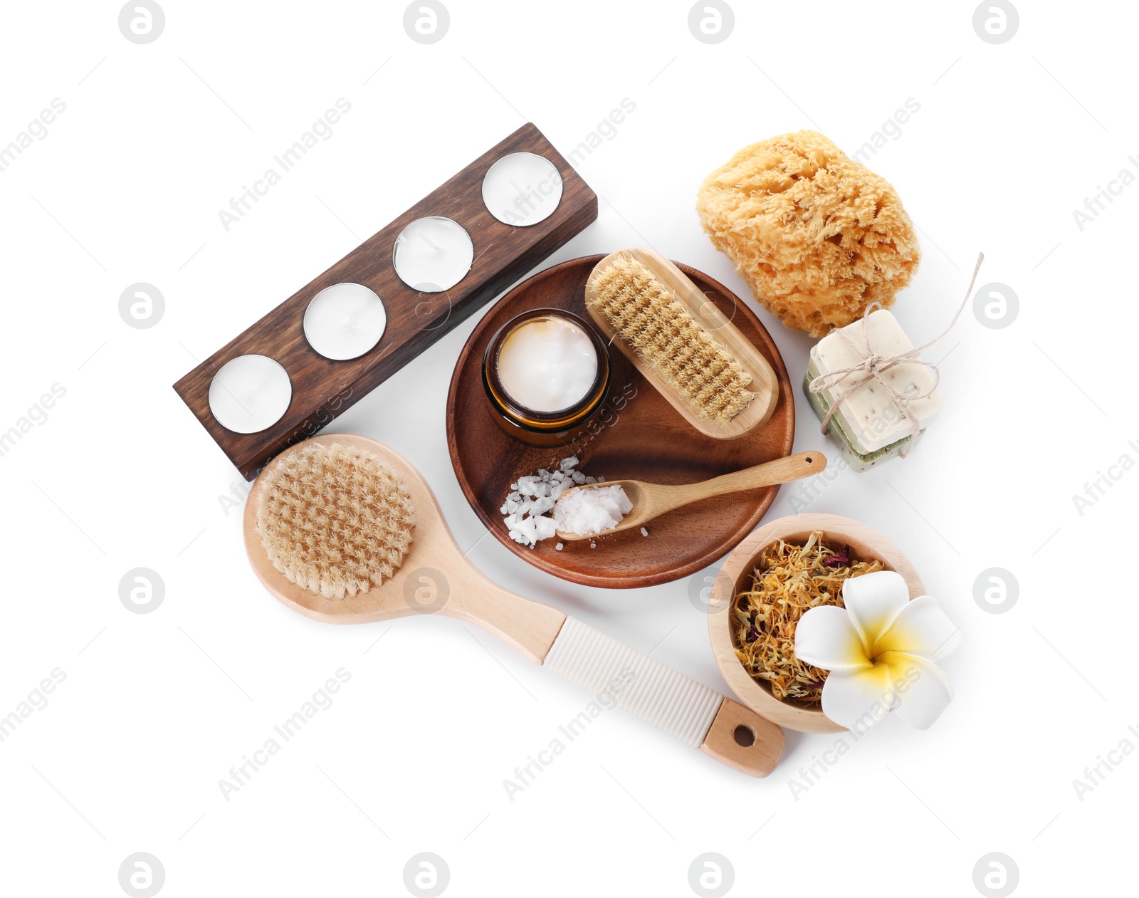 Photo of Composition with spa products and candles isolated on white, top view