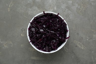 Tasty red cabbage sauerkraut on light grey table, top view