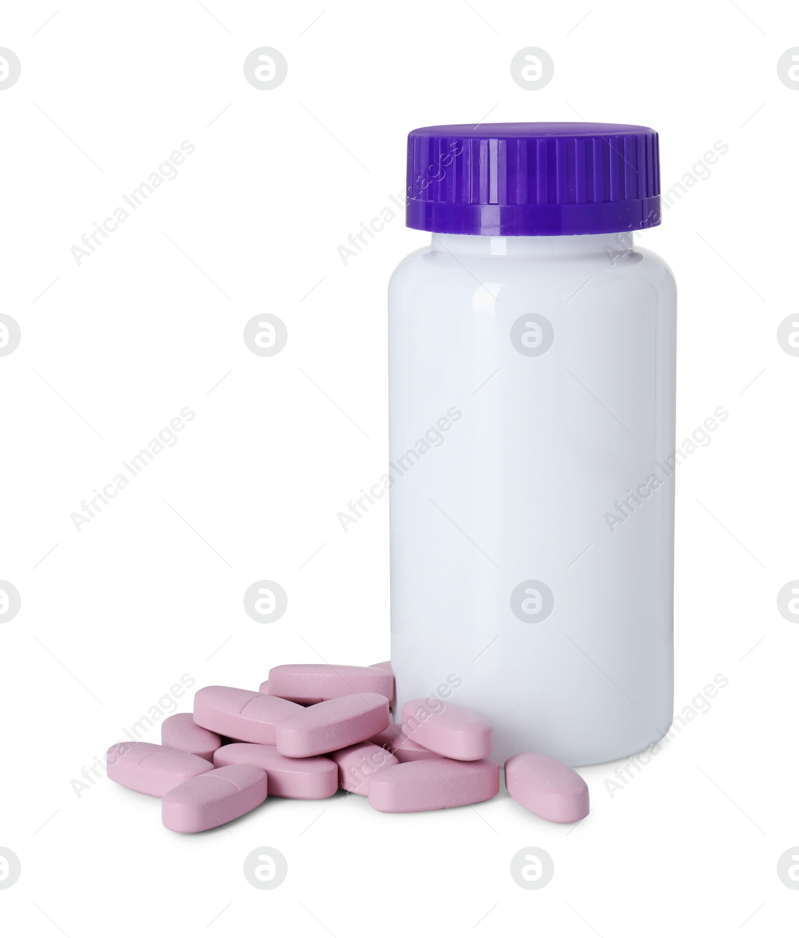 Photo of Bottle and pile of vitamin pills isolated on white