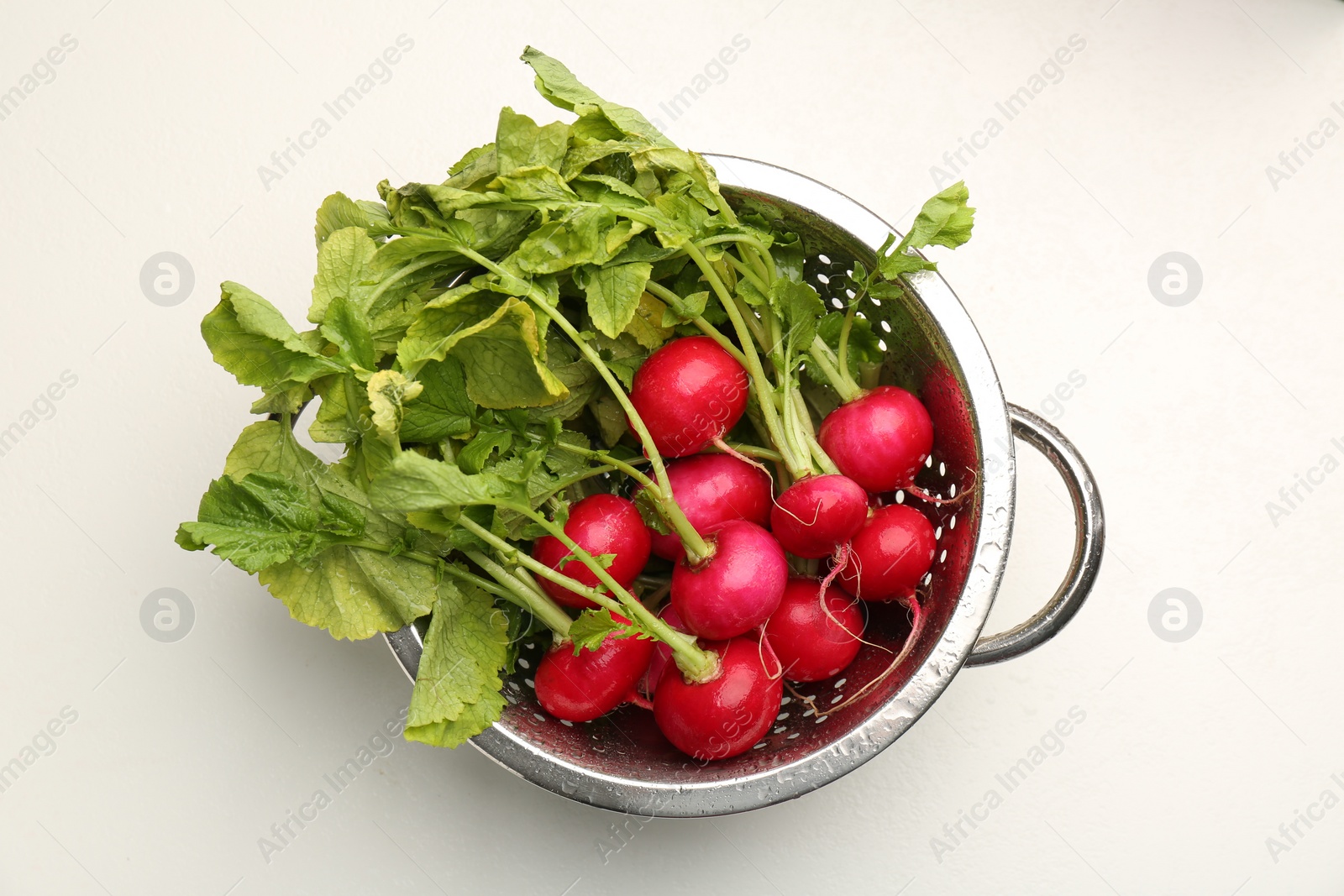 Photo of Wet radish in colander on white table, top view