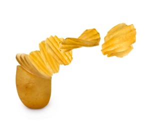 Image of Raw potato turning into tasty crispy chips on white background