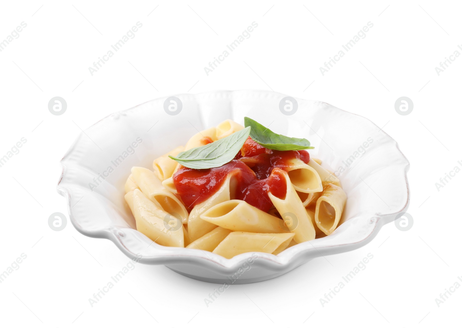 Photo of Delicious maltagliati pasta with tomato sauce isolated on white