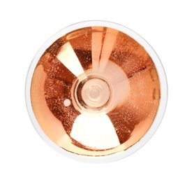 Photo of Glass of rose champagne on white background, top view