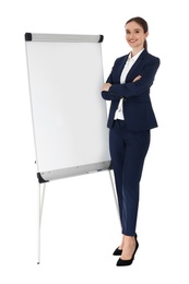 Professional business trainer near flip chart board on white background. Space for text