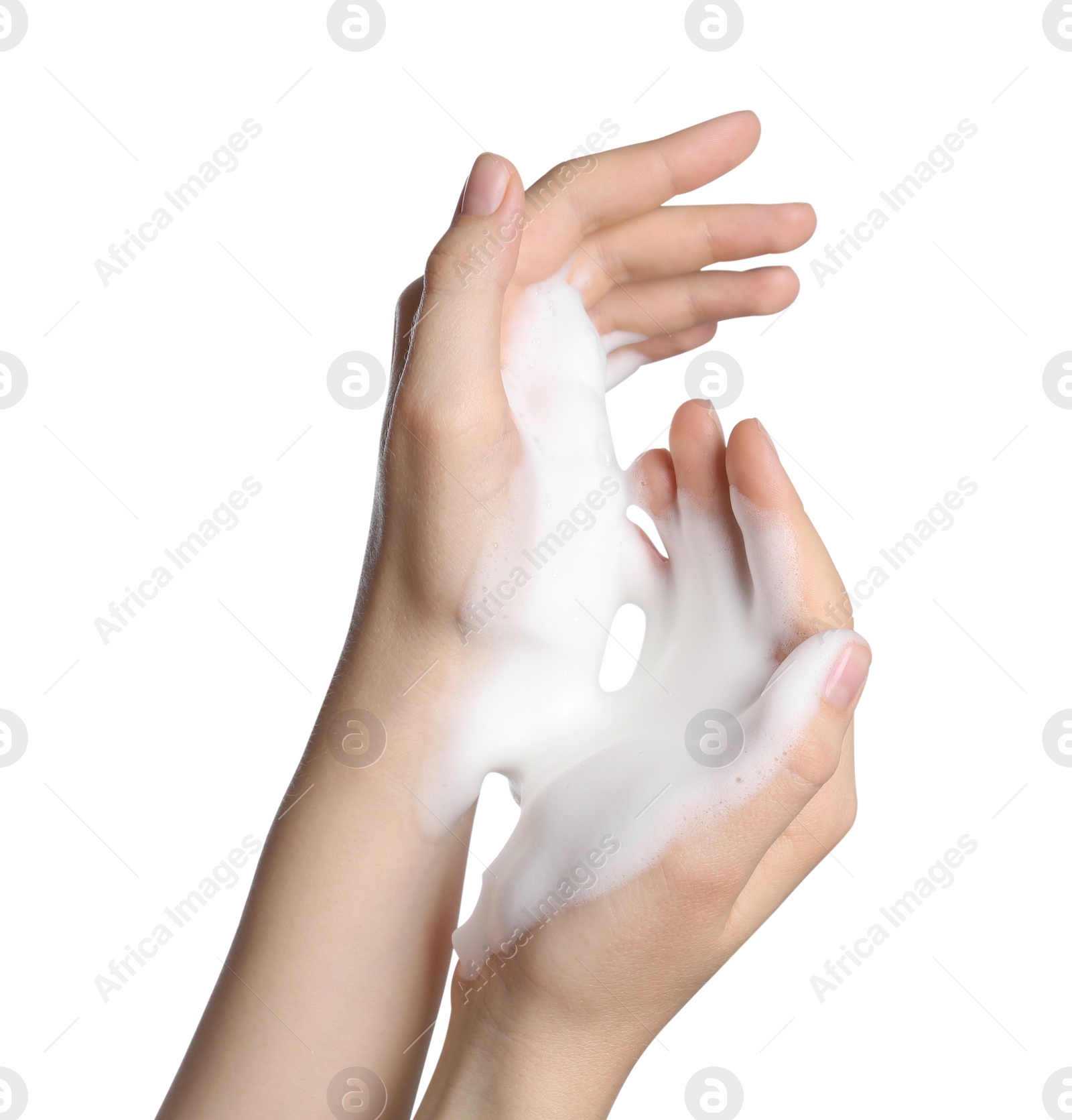 Photo of Woman with cleansing foam on white background, closeup